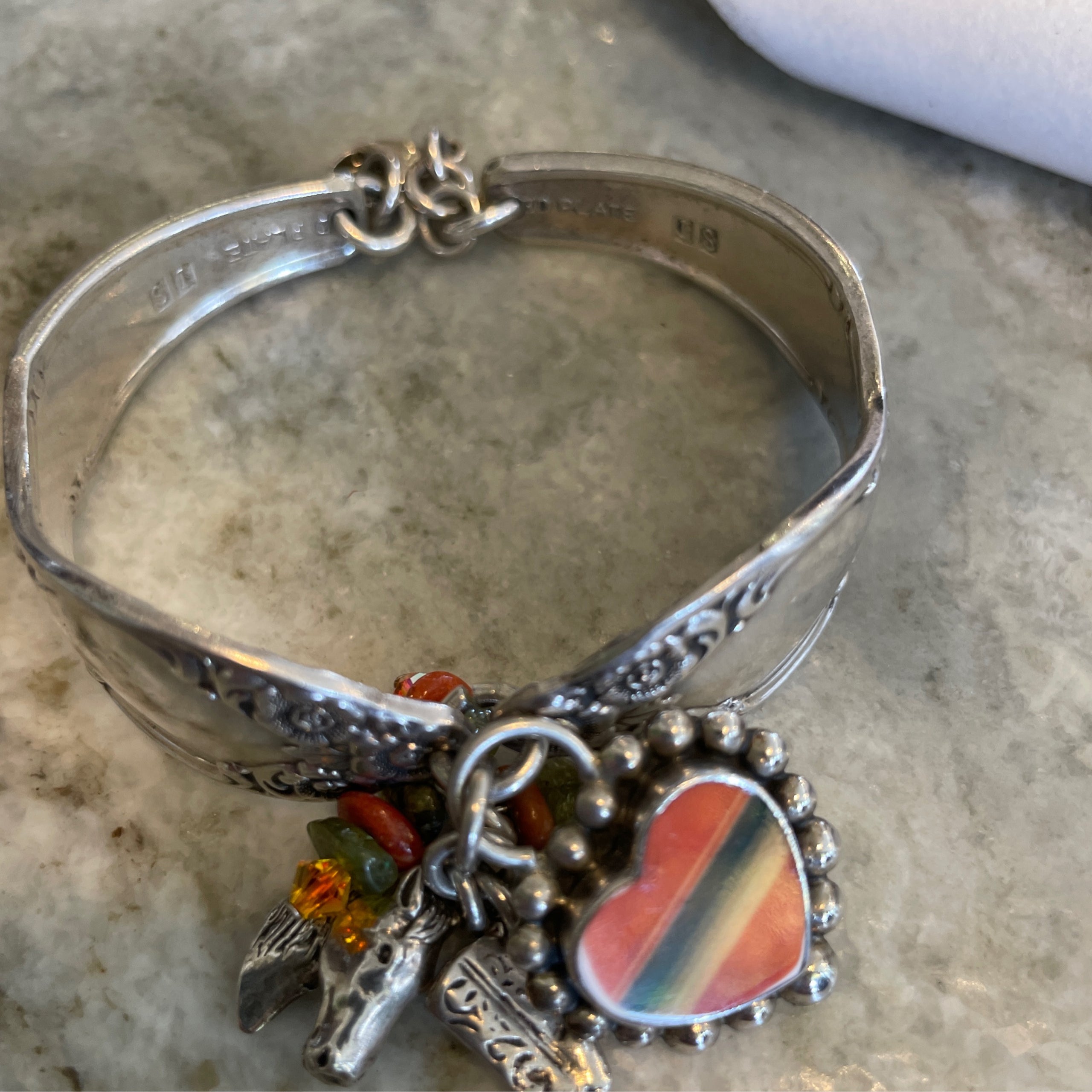 Vintage Sterling silver spoon bracelet signed by artist with 950 Silver charm